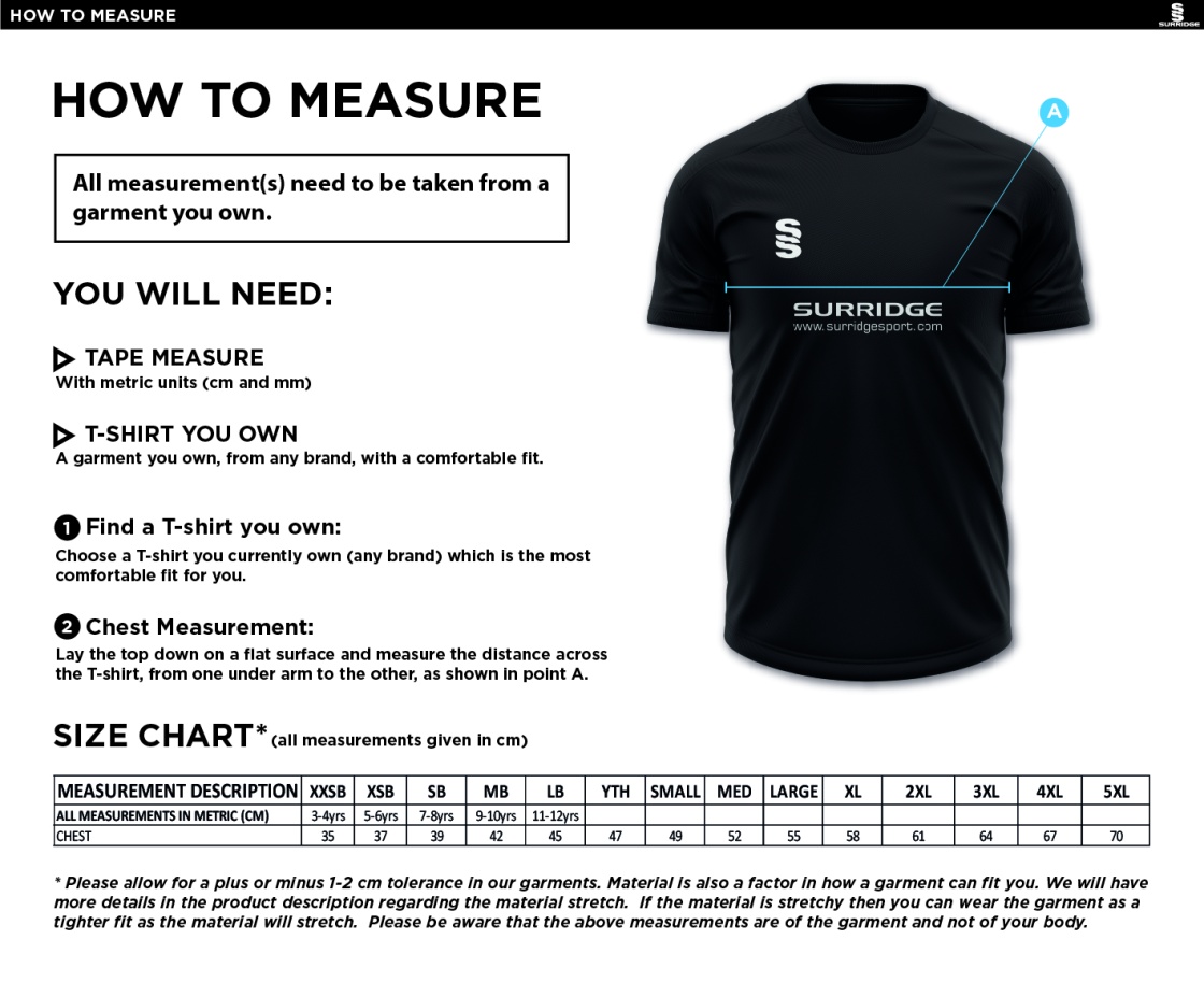 Canvey Island CC Blade Training Tee - Size Guide