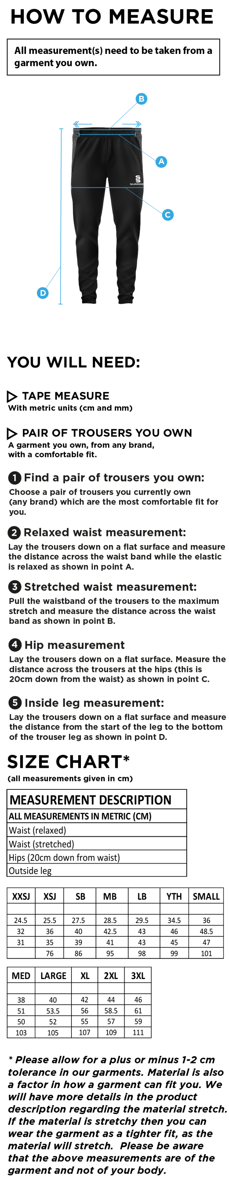 Canvey Island CC Slim Training Pant - Size Guide