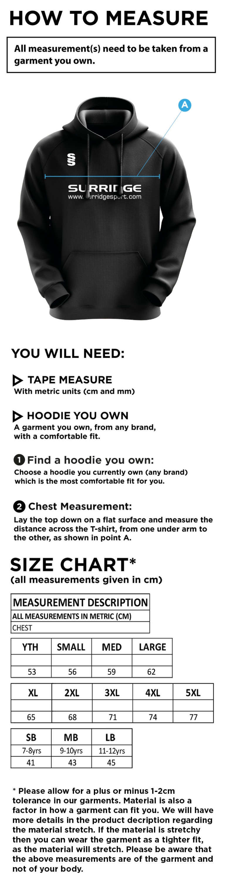 Canvey Island CC Blade Hoodie - Size Guide
