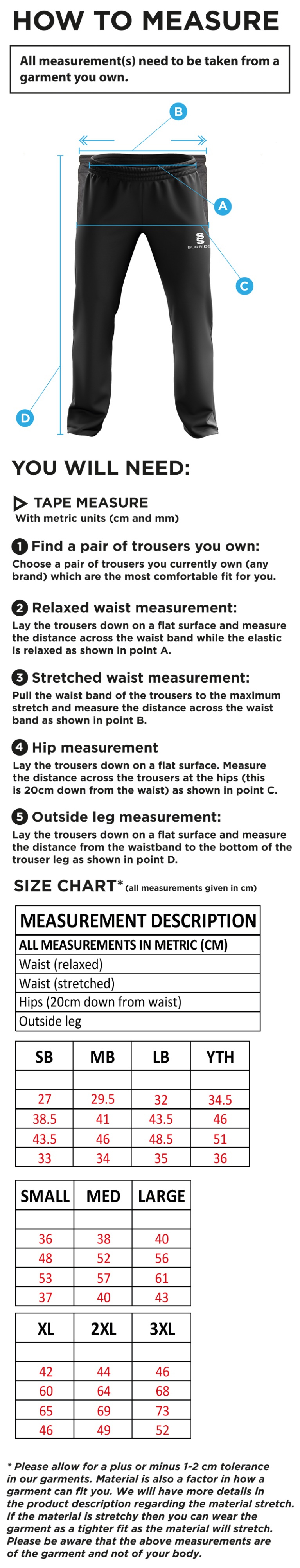 Canvey Island CC Tracksuit Pant - Size Guide