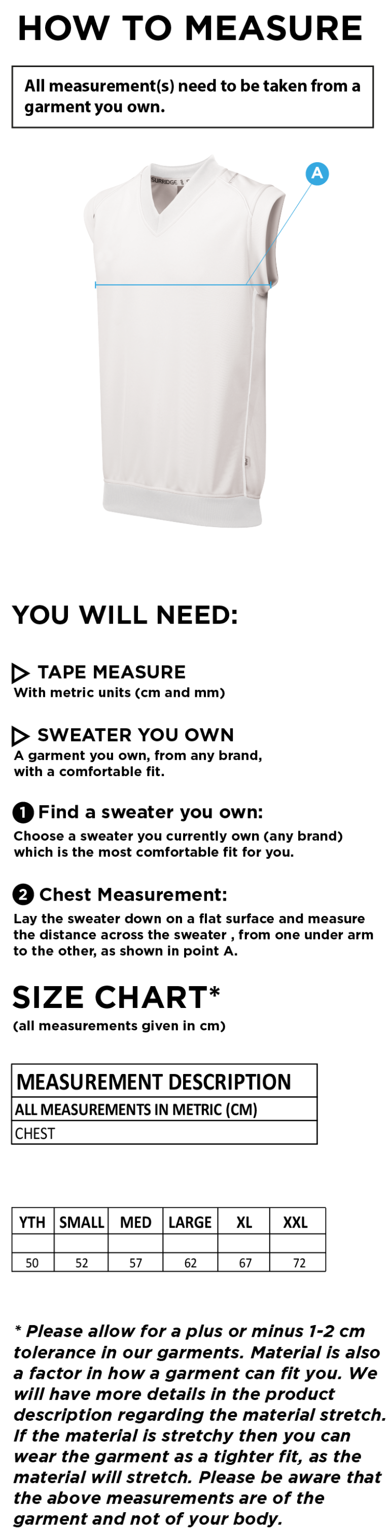 Canvey Island CC Sleeveless Sweater - Size Guide