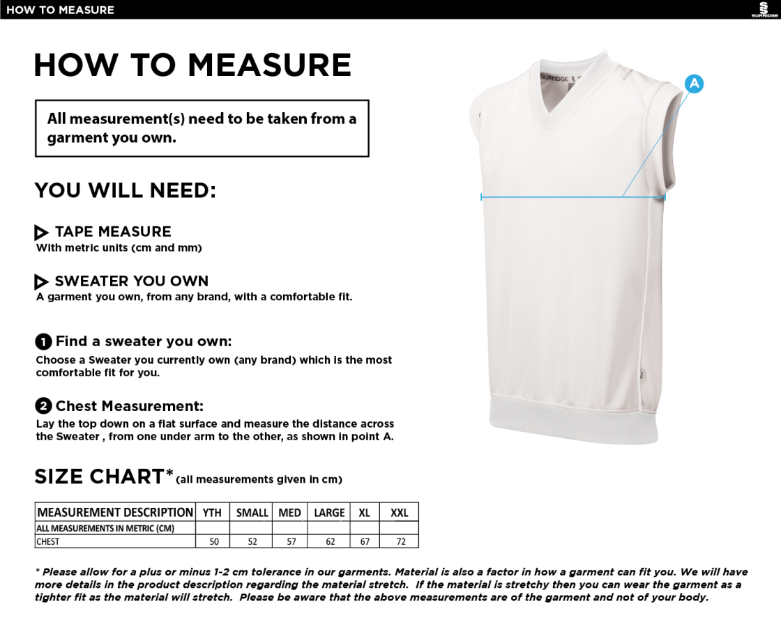 Canvey Island CC Sleeveless Sweater - Size Guide