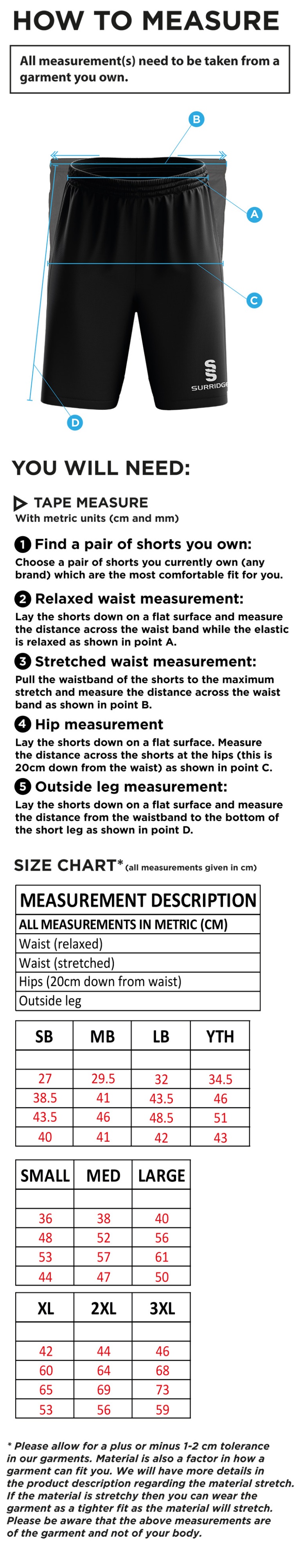 Canvey Island CC Leisure Short - Size Guide