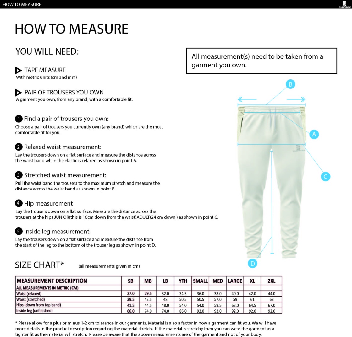 Canvey Island CC Playing Cricket Trousers - Size Guide