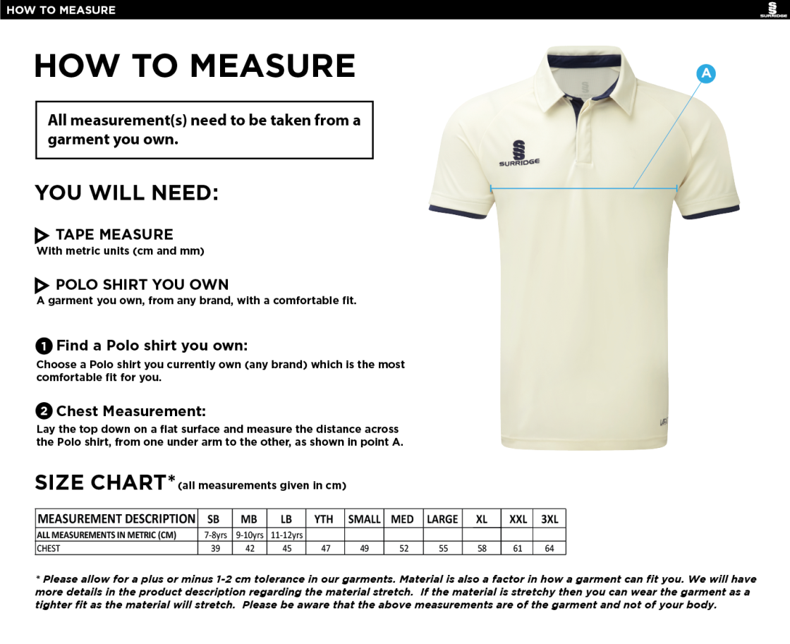 Canvey Island CC Ergo Short Sleeved Playing Shirt - Size Guide