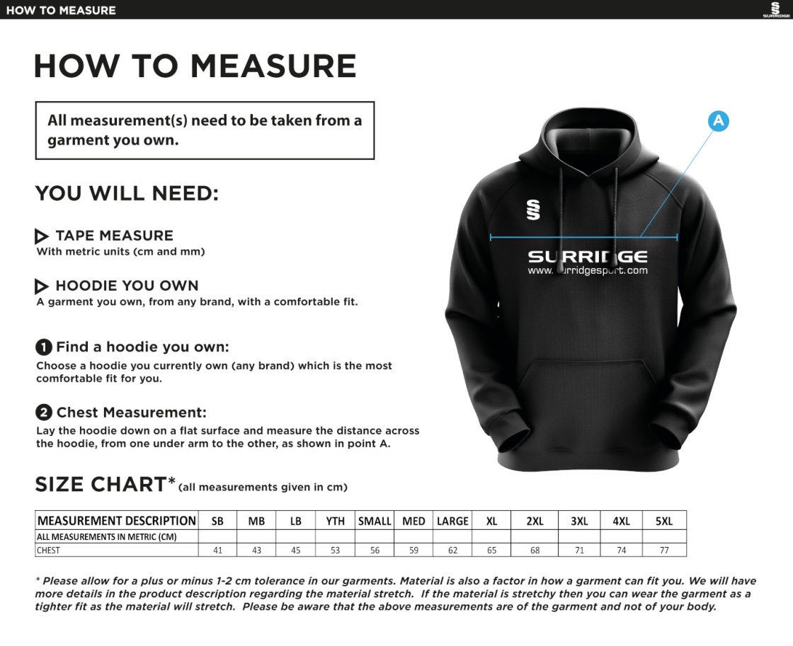 Canvey Island CC Blade Hoodie - Size Guide