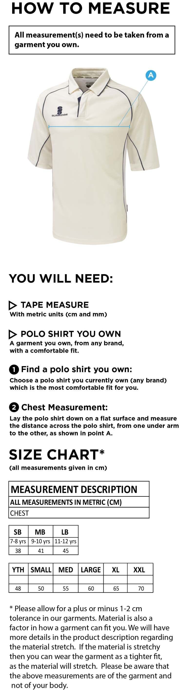 Canvey Island CC Premier 3/4 Sleeved Playing Shirt - Size Guide