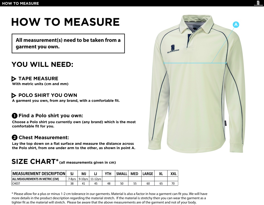 Canvey Island CC Premier Long Sleeved Playing Shirt - Size Guide