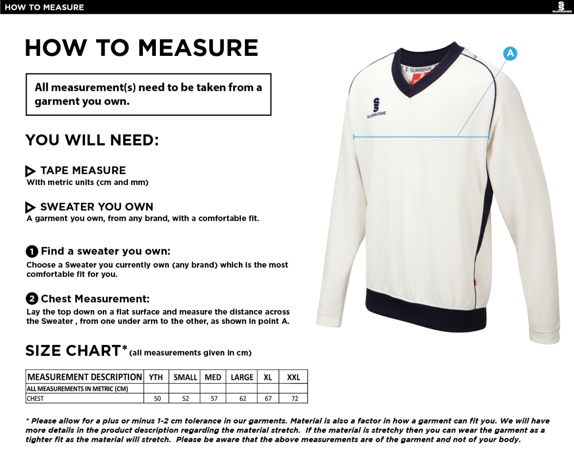 Canvey Island CC Long Sleeved Sweater - Size Guide