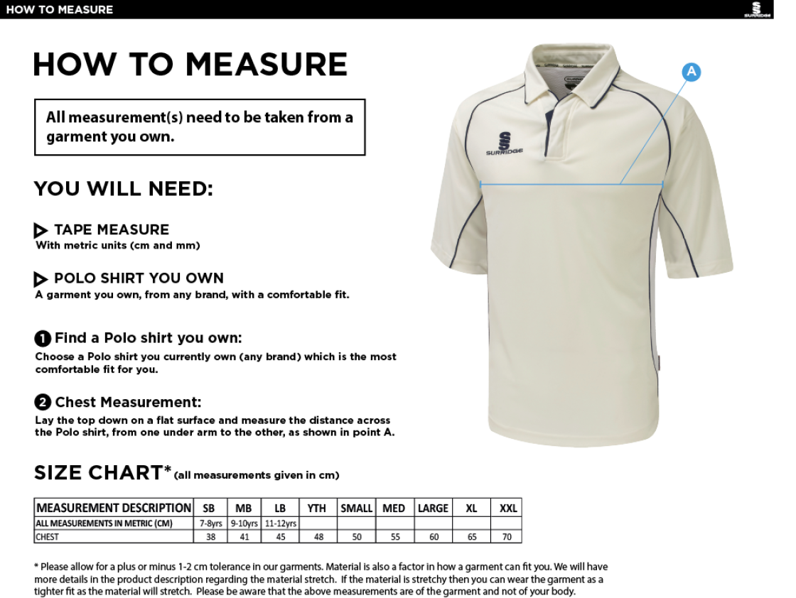 Canvey Island CC Premier 3/4 Sleeved Playing Shirt - Size Guide