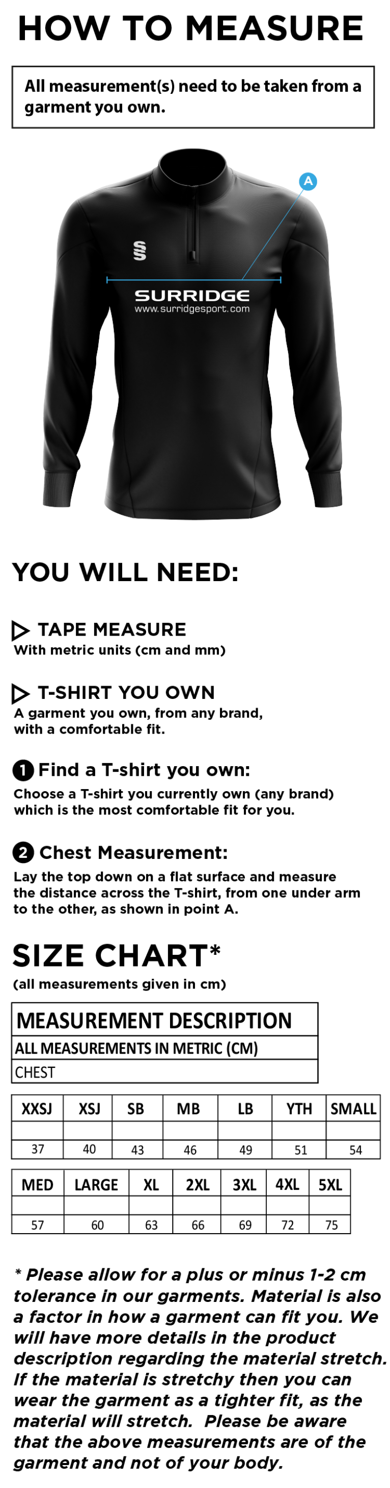 Canvey Island CC Blade Performance Top - Size Guide