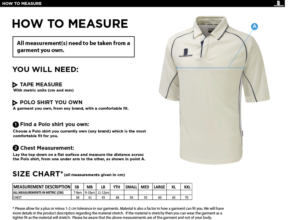 Canvey Island CC Premier 3/4 Sleeved Playing Shirt - Size Guide