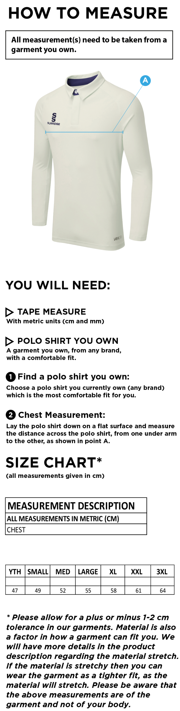 Canvey Island CC Ergo Long Sleeved Playing Shirt - Size Guide