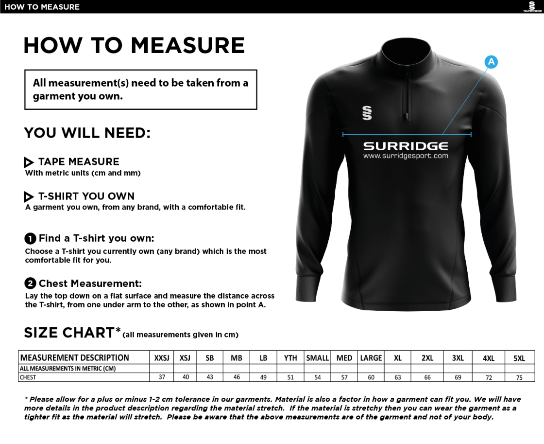 Canvey Island CC Blade Performance Top - Size Guide