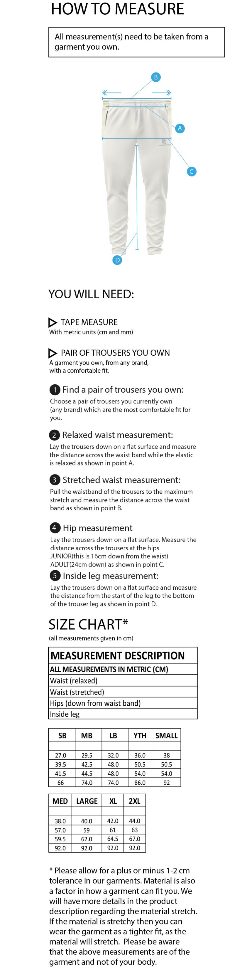 Canvey Island CC Playing Cricket Trousers - Size Guide
