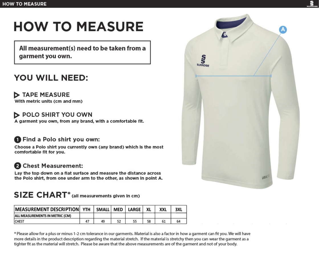 Canvey Island CC Ergo Long Sleeved Playing Shirt - Size Guide
