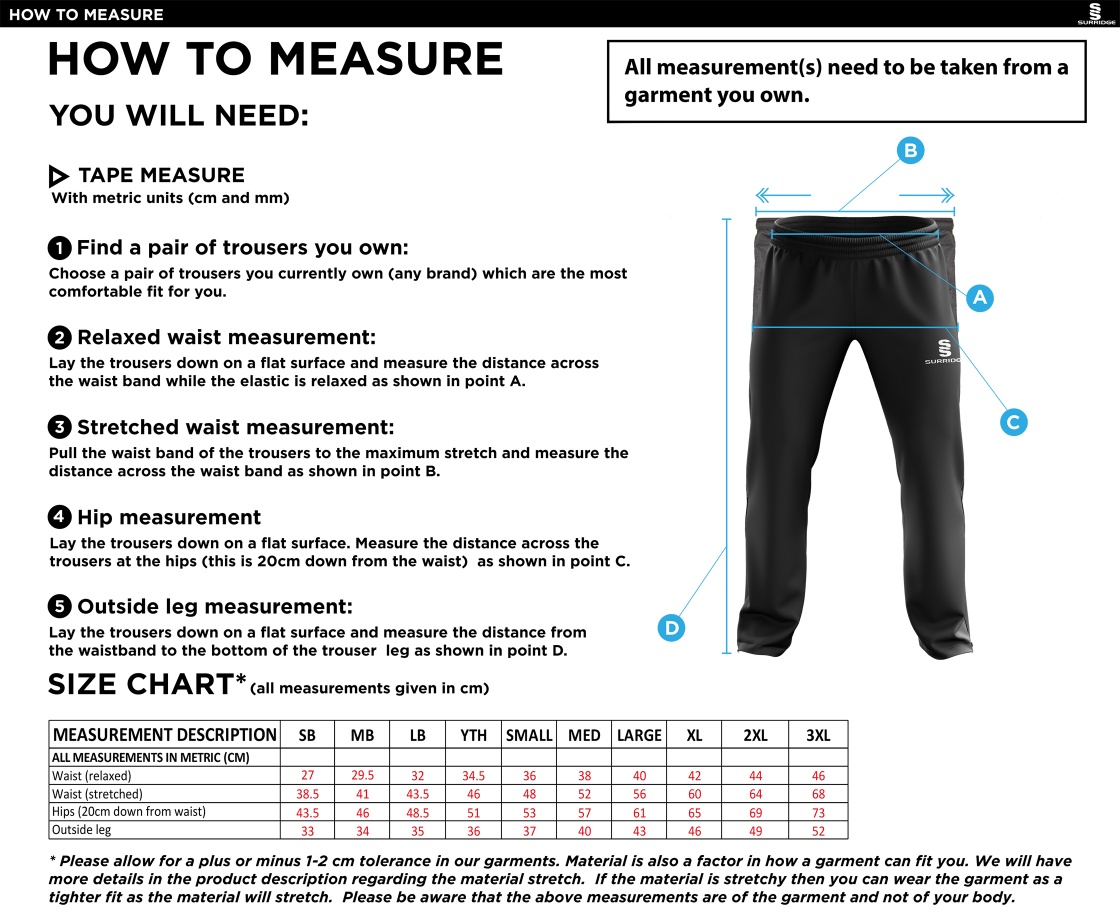 Canvey Island CC Tracksuit Pant - Size Guide